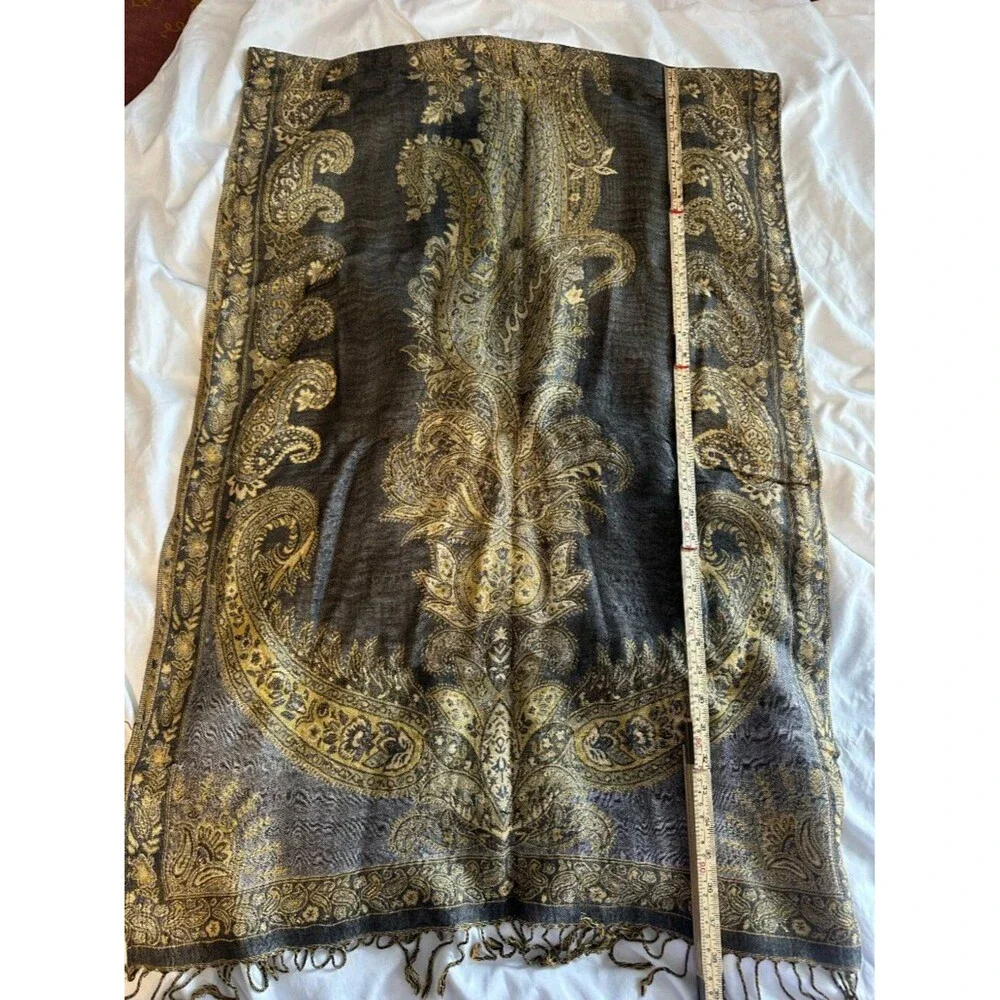 Vintage Paisley Pashmina Style Scarf Shawl Wrap Black Gold Boho Elegant Fringe